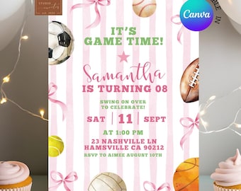Pink Coquette Bow Girl Sports Birthday Game time Invitation, Sports Theme Girl Birthday Invite, Canva Editable Stripes Kids Birthday C173
