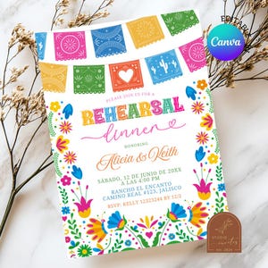 May include: A colorful invitation for a rehearsal dinner, featuring a vibrant floral border and a banner of decorative flags. The text reads "Rehearsal Dinner" and includes the names Alicia & Keith, along with event details. The design is editable with Canva.