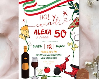 Holy Cannoli Italian 50th Birthday Invitation, Italian Restaurant Birthday Dinner Party, Pizza and Wine Adult Spanish Birthday Party AC25
