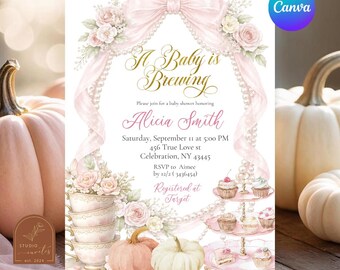 Einladung zur Babyparty „Ein Baby braut sich zusammen“, rosa Kürbis-Schleife, Perlen-Teeparty-Einladung, herbstliche florale Babyparty-Canva-Vorlage C83