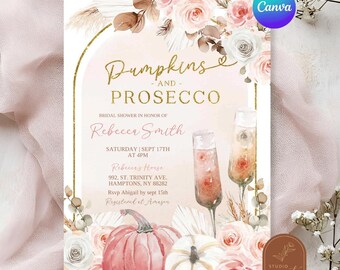 Boho blush pink Pumpkin and Prosecco Bridal Shower Invitation, Petals and Prosecco Pink Floral Bridal Shower invite, wine bridal shower C54
