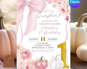 Fall Pumpkin Bow Pink Coquette Floral First Birthday Invitation, Our Little Pumpkin Is Turning One Invite, Canva Editable 1st Birthday A18
