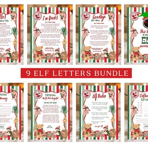 May include: A bundle of nine Christmas-themed printable letters and signs featuring red and green striped borders, illustrations of teddy bears, elves, and toys, with text including Hello From Your Elf, I'm Back, Goodbye, and Elf Surveillance.