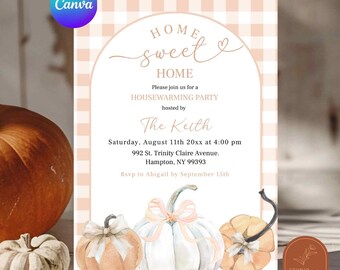 Plaid Orange Preppy Pumpkin Housewarming Party Fall Invitation, Pumpkin Bow Housewarming Party, Home Sweet Home Orange Pumpkin Party C52