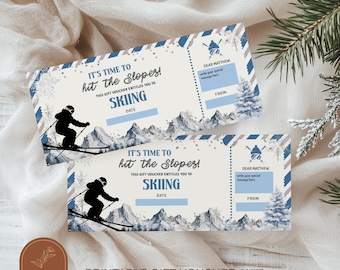 Blue Ski Gift Voucher, Christmas Ski Ticket, Skiing Trip Season Pass Voucher, Ski Surprise Gift Voucher, Holiday Vacation Ski Ticket