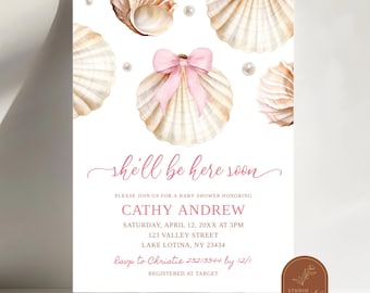 She'll be here soon Sea Shell babyshower uitnodiging, roze strik en parel babyshower uitnodiging, A Little Shell babyshower uitnodiging C117