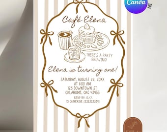 Invito di compleanno per il primo compleanno a tema caffè, disegnato a mano e con un tocco di fantasia, invito di compleanno "La festa è in arrivo", invito di compleanno a tema caffè modificabile su Canva C249