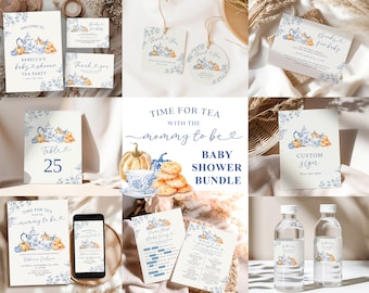 Fall Pumpkin Chinoiserie Baby Shower Tea Party Bundle Set, Time For Tea With Mom Bundle Baby Shower Set, Dusty Blue Toile Baby Shower C62