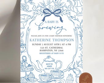 Chinoiserie Baby Is Brewing Tea Invitation, Blue Bow Floral Chinoiserie Teacup Baby Shower, Toile De Jouy Afternoon Tea Baby Shower C113