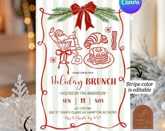 Hand Drawn Santa Doodle Christmas Holiday Brunch Invitation, Sage Green Quirky Stripes Holiday Brunch Invite, Canva Christmas Holiday C166