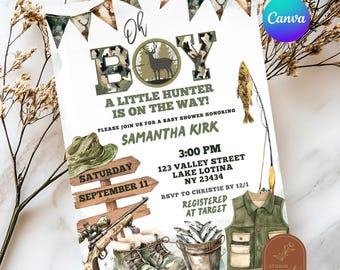 Hunting and Fishing Camo Baby Shower Invitation, A Little Hunter Is On The Way Invite, Canva Editable Hunting Theme Baby Shower Invite C138