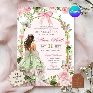 Coquette Royal Garden Sage Blush Pink Quinceanera Invitation, Floral Butterfly Sweet 16th Invite, Canva Geometric Mis Quince XV Años A27
