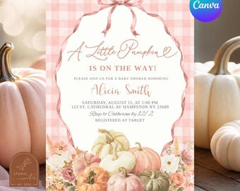 Blush Pink Gingham Coquette Pumpkin Baby Shower Invitation,  A little Pumpkin Baby Shower Invite, Canva Editable Autumn Baby Shower C255