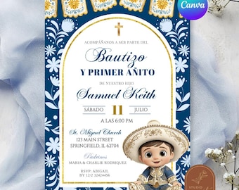 Navy Blue Arch Cielito Lindo Baptism First Birthday Invitation, Invitación de bautizo y primer añito, Canva Spanish Kids Birthday C188