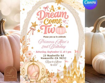 Pumpkin Autumn Fall Princess Dream Come Two Birthday Invitation, Fairytale Girl Birthday Invite, Canva Template Kingdom Kids Birthday C223