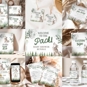 May include: A baby shower printable bundle with a woodland theme. The design features a gray wolf howling at the moon with green foliage and stars. The text includes "Welcome to the Pack!" and "Baby Shower Bundle".