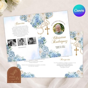 May include: A funeral program template featuring blue and white floral watercolor illustrations, a rosary graphic, and a circular photo of a man. The text includes 'Gracias', 'En recuerdo amoroso de Christian Rodriguez', and 'Recepción'.