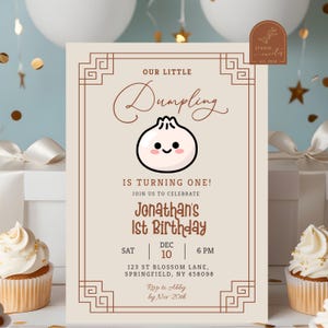 Invitación para el primer cumpleaños de un pequeño dumpling, bao bun dimsum para el primer cumpleaños de un niño, invitación para el primer cumpleaños de un lindo dumpling chino AC23