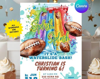 Inbjudan till födelsedagsfest med fotbollsvattenrutschkana och pool, födelsedagsinbjudan till sommarfest med splash och pool, redigerbar Canva-mall, C133