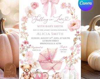 Pink Pumpkin Bow Coquette Baby Carriage Baby Shower Invitation, Falling In Love Baby Shower Invite, Canva Editable Autumn Baby Shower A18