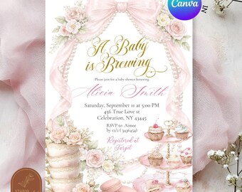 Einladung zur Babyparty „Ein Baby ist im Anmarsch“, zartrosa, verspielte Schleife, Perlen-Teeparty-Einladung, florale Babyparty-Canva-Vorlage C83