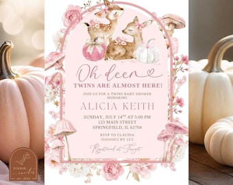 Fall Pumpkin White and Pink Twins Baby Shower Invitation, Pink Floral Oh Deer Baby Shower Invite, Canva Editable Mushroom Baby Shower A18