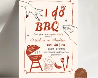 Hand Drawn Backyard I Do BBQ Engagement Invitation, BBQ And Beers Engagement Party Invite, Outdoor Grill And Chill Engagement Party, C115