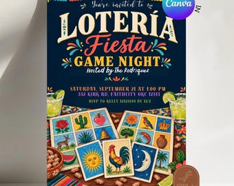 Loteria Fiesta Game Night Invitation, Fiesta mexicaine Invitation à une fête pour adultes, Margarita Papel Picado Jeu de société Canva Modèle modifiable L1