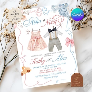 May include: A gender reveal invitation card featuring a pink dress and grey trousers with suspenders hanging on a line. The text reads Niño o Niña, Kathy & Alex, and includes event details like Saturday, 16 August at 3:00 PM at 123 Magnolia Lane.