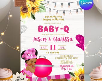 Modern pink baby-Q baby shower invitation, sunflower summer outdoor barbecue baby shower, pink gingham backyard grill baby shower invite C28