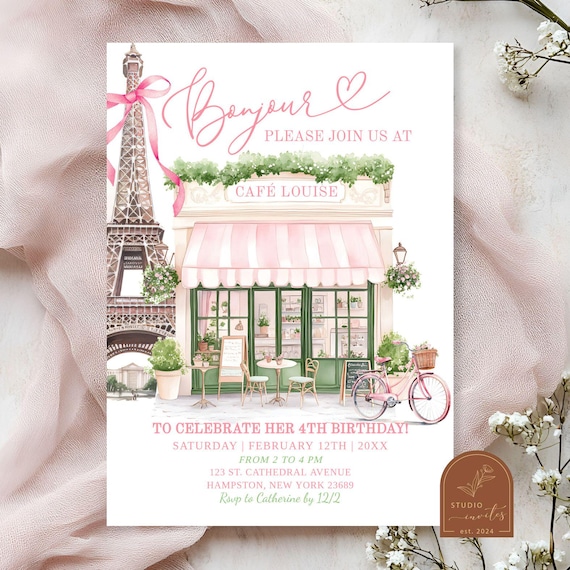 Paris Birthday Invitation, Bonjour Bebe French Parisian Cafe Invitation, Pink Coquette Eiffel Tower French Girl Patisserie Invite C94