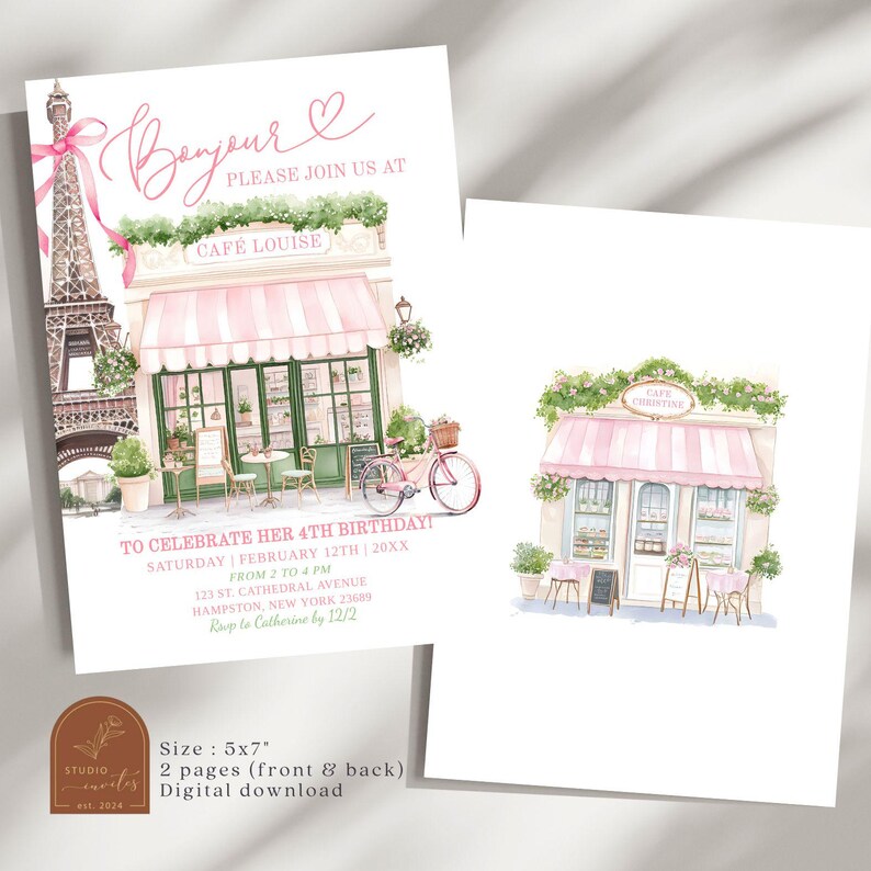 May include: A pink and white invitation with a watercolor illustration of a Parisian cafe. The invitation is for a 4th birthday party and includes the text "Bonjour" and "Cafe Louise".
