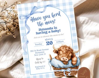 Preppy Blue Bow Highland Cow Baby Shower Invitation, Have You Heard The Moos Boy Baby Shower, Farm Holy Cow Baby Shower, Having Baby Cow C99