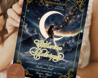 Starry Night Dusty Blue Quinceañera Invitation, A Night Under the Stars Sweet 16, Celestial Glam Night Sky XV Invitation, Mis Quince XV Q35