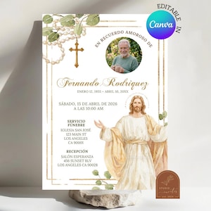 Puede incluir: Una plantilla de invitación funeraria con una foto circular de un hombre, una ilustración en acuarela de Jesús y un rosario. El texto incluye EN RECUERDO AMOROSO DE, Fernando Rodriguez, fechas y detalles del servicio y la recepción.