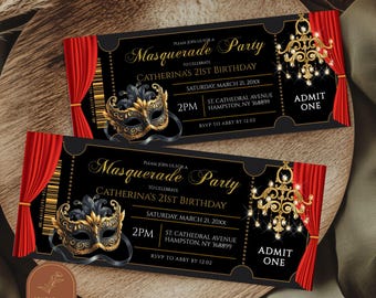 Masquerade Birthday Ticket Invitation, Masquerade Ball Prom Ticket, Gala Masquerade Adult Birthday Party, Mardi Gras Party Ticket AC44