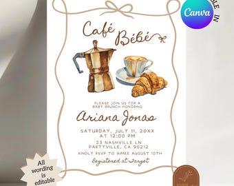 French Café Bébé Baby Shower Invitation, Hand Drawn Coffee Baby Brunch Invitation, Canva Editable Brown Coquette Bow Baby Brunch Invite C19