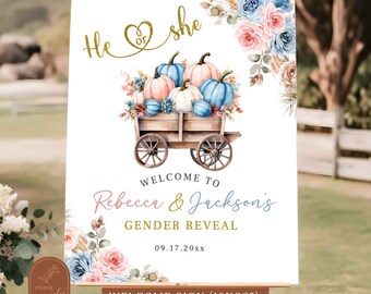 Blue Pink Floral Pumpkin Gender Reveal Welcome Sign, He or She Little Pumpkin Welcome Poster, Pampas Grass Gender Reveal, Matching Item C54