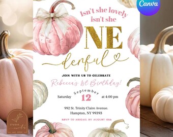 May include: A birthday invitation card featuring watercolour illustrations of light pink and white pumpkins. The text reads: Isn't she lovely isn't she ONE-derful, Join with us to celebrate Rebecca's 1st Birthday, Saturday September 12 at 4:00 pm.