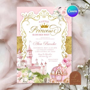 Pink and Gold Royal Princess Baby Shower Invitation, Pink Castle and Carriage Girl Baby Shower Invite, Canva Editable Baby Shower C156