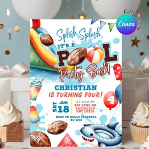 American Football Pool Party Invitation, Splish Splash Pool Party Bash Birthday Invite, Canva Editable Summer Pool Party Birthday AC47