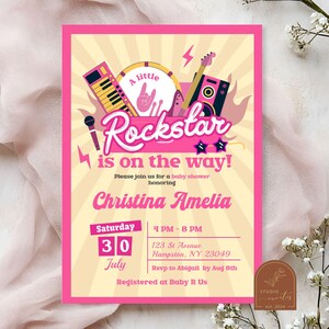 Pink Little Rockstar Baby Shower Invitation, Vintage Rock n Roll Baby Girl Invite, Let&#39;s Rock Baby Shower, Born To Rockstar Baby Shower C74