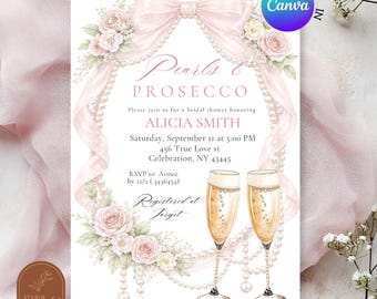 Einladung zum Junggesellinnenabschied mit Perlen und Prosecco, Einladung zum Junggesellinnenabschied in zartem Rosa mit koketter Schleife, bearbeitbare Canva-Vorlage für einen Junggesellinnenabschied mit Champagner (C83)