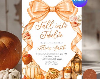 Invitation d'anniversaire « Fall into the 12 », invitation pour une fête d'automne avec nœud papillon orange, modèle Canva modifiable C83 pour un anniversaire avec tarte au caramel et latte aux pommes