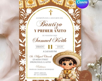 Gold And Brown Arch Cielito Lindo Baptism First Birthday Invitation, Invitación de bautizo y primer añito, Canva Spanish Kids Birthday C188