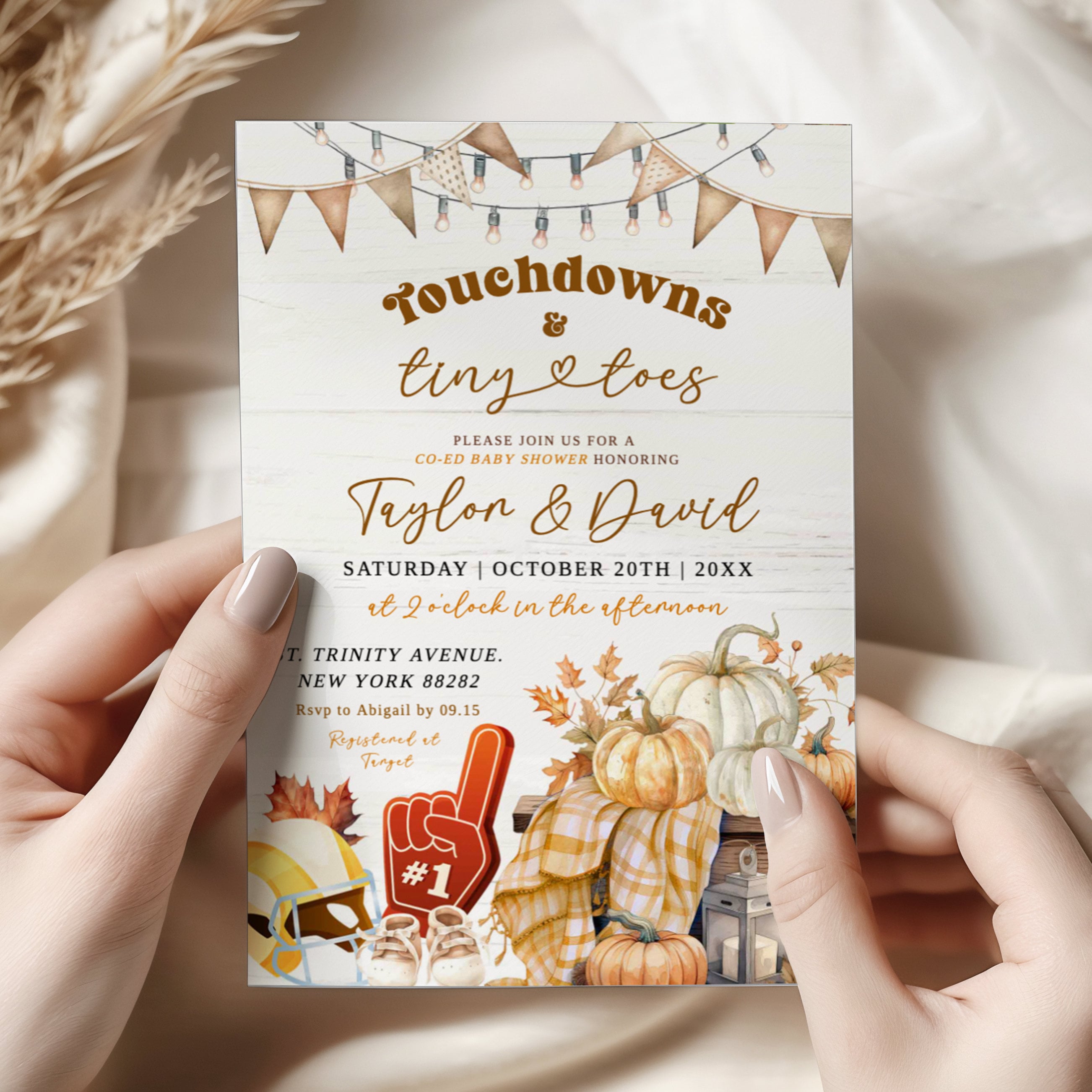 Chá de bebê misto Touchdowns e Tiny Toes, chá de bebê de casal com abóbora de outono e futebol, chá de bebê rústico neutro C68