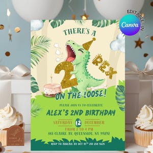 May include: A birthday invitation with a green dinosaur illustration, gold accents, and the text "There's a Rex on the Loose!" The invitation includes details for Alex's 2nd birthday, with a date, time, and location.