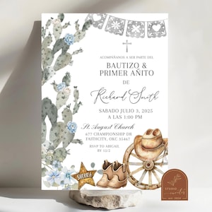 Dusty Blue Cowboy Invito al battesimo spagnolo, Cowboy invitaciones de bautizo en español para niños, Modello di invito al battesimo modificabile A4