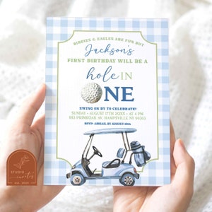 Blue preppy hole in one boy birthday invitation, editable boy golf first birthday party, blue checkered golf cart 1st birthday invite C42
