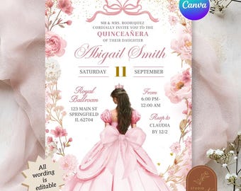 Blush Pink Coquette Bow Princess Quinceanera Invitation, Pink Floral Butterfly Sweet 16th Invite, Canva Editable Mis Quince XV Años A18